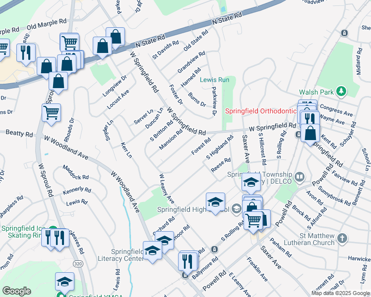 map of restaurants, bars, coffee shops, grocery stores, and more near 39 Shelburne Road in Springfield