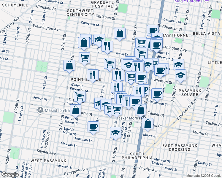 map of restaurants, bars, coffee shops, grocery stores, and more near 1425 South Colorado Street in Philadelphia
