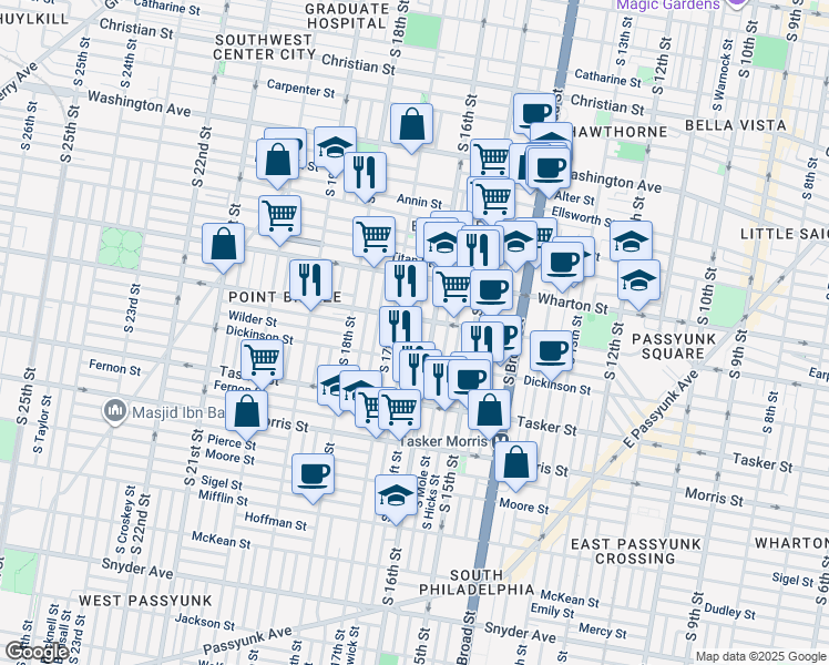 map of restaurants, bars, coffee shops, grocery stores, and more near 1416 South Bancroft Street in Philadelphia