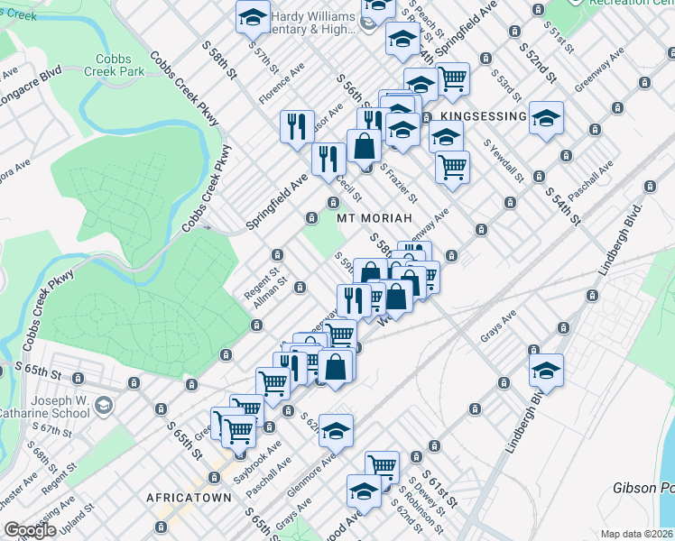 map of restaurants, bars, coffee shops, grocery stores, and more near 2032 South 59th Street in Philadelphia