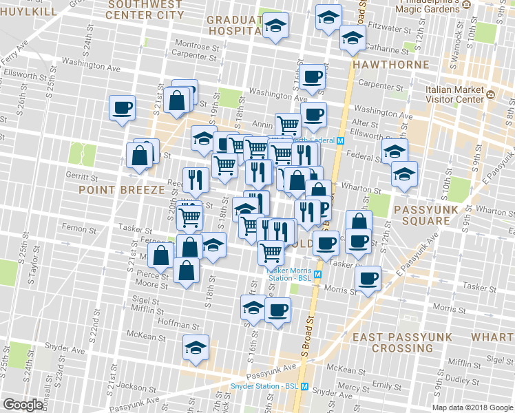 map of restaurants, bars, coffee shops, grocery stores, and more near 1418 South Chadwick Street in Philadelphia