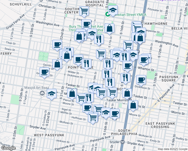 map of restaurants, bars, coffee shops, grocery stores, and more near 1426 South 18th Street in Philadelphia