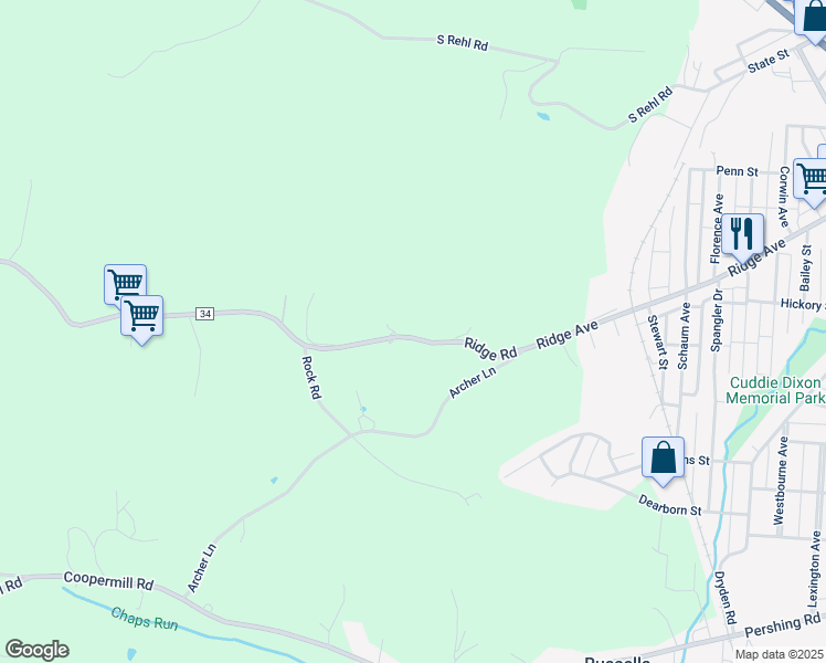map of restaurants, bars, coffee shops, grocery stores, and more near 2325 Ridge Road in Zanesville