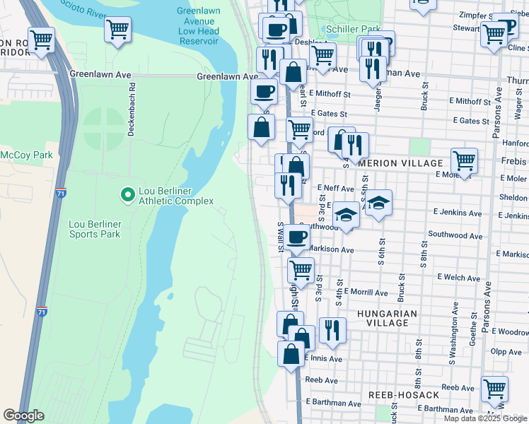map of restaurants, bars, coffee shops, grocery stores, and more near 27 West Jenkins Avenue in Columbus