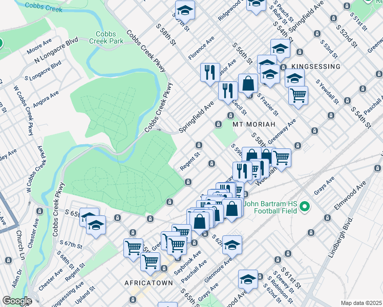 map of restaurants, bars, coffee shops, grocery stores, and more near 6026 Chester Avenue in Philadelphia
