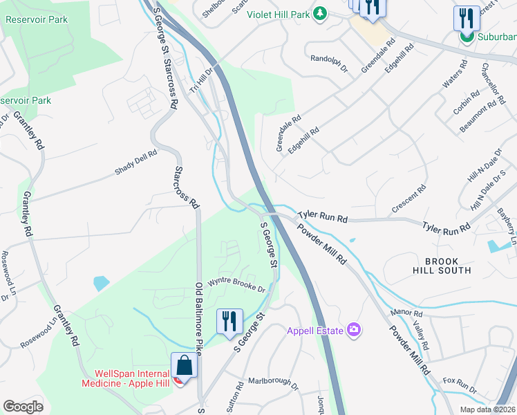 map of restaurants, bars, coffee shops, grocery stores, and more near 1595 South George Street in York