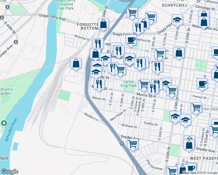 map of restaurants, bars, coffee shops, grocery stores, and more near 1622 South 31st Street in Philadelphia