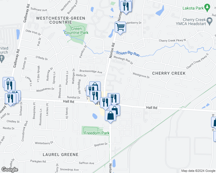 map of restaurants, bars, coffee shops, grocery stores, and more near 873 Westbury Lane South in Columbus