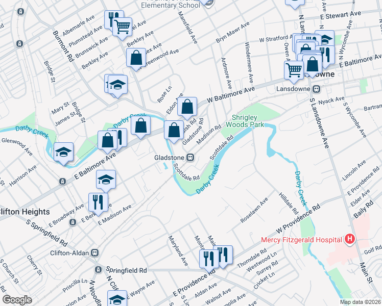map of restaurants, bars, coffee shops, grocery stores, and more near 126 Madison Road in Lansdowne