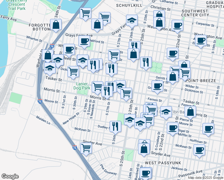map of restaurants, bars, coffee shops, grocery stores, and more near 1603 South 27th Street in Philadelphia