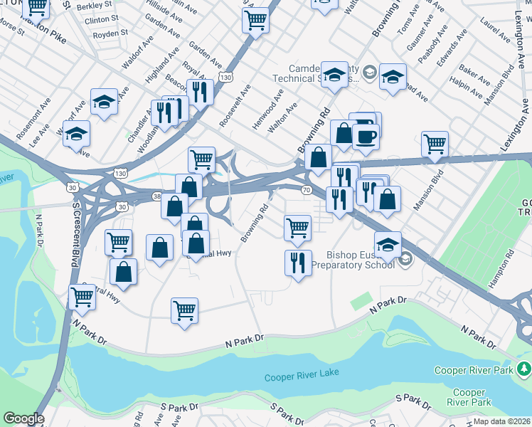 map of restaurants, bars, coffee shops, grocery stores, and more near 7016 Browning Rd in Pennsauken Township