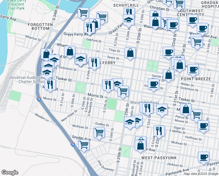 map of restaurants, bars, coffee shops, grocery stores, and more near 1603 South 27th Street in Philadelphia