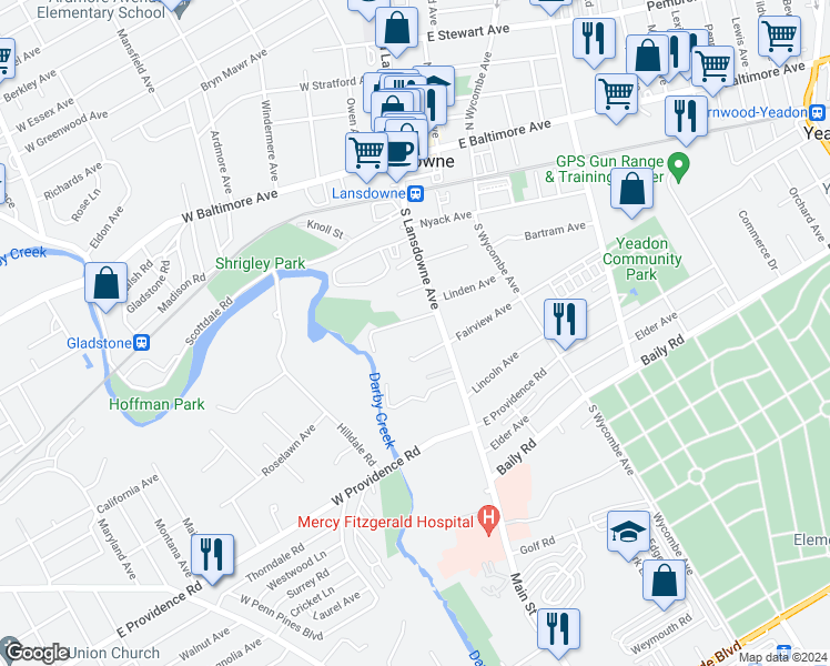 map of restaurants, bars, coffee shops, grocery stores, and more near 22 Pennock Terrace in Lansdowne