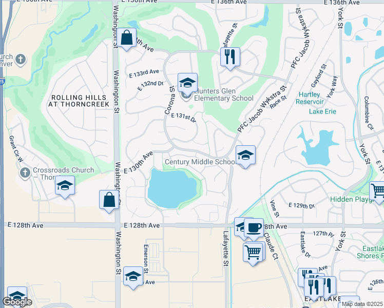 map of restaurants, bars, coffee shops, grocery stores, and more near 1146 East 130th Avenue in Thornton