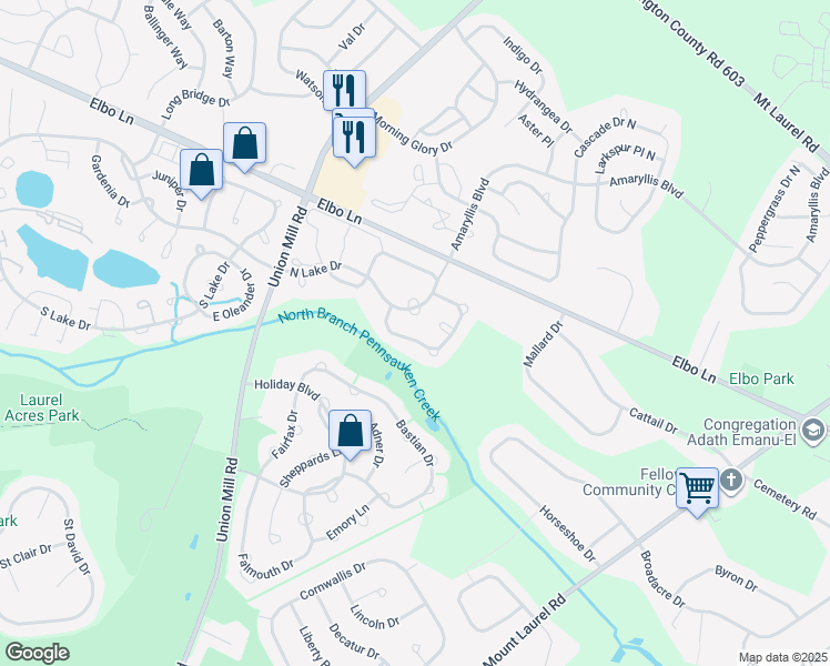 map of restaurants, bars, coffee shops, grocery stores, and more near 44 Eddystone Way in Mount Laurel Township