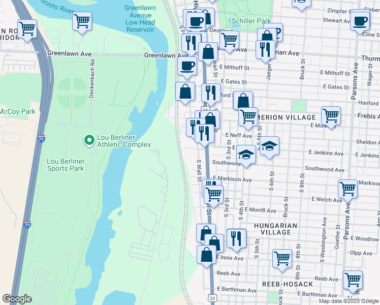 map of restaurants, bars, coffee shops, grocery stores, and more near 27 West Jenkins Avenue in Columbus