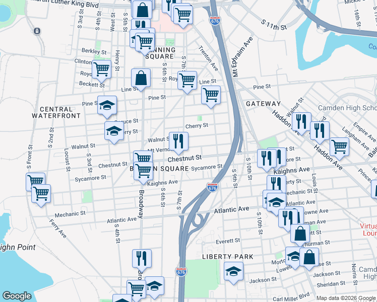 map of restaurants, bars, coffee shops, grocery stores, and more near 708 Mount Vernon Street in Camden