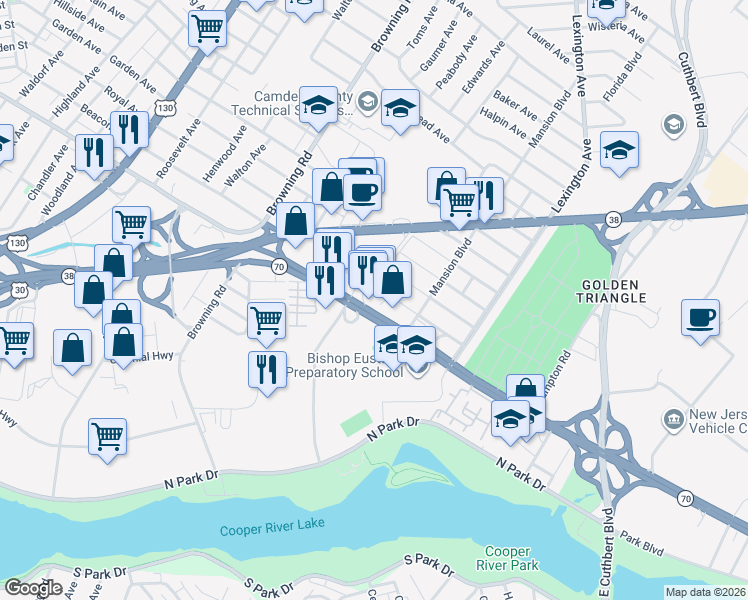 map of restaurants, bars, coffee shops, grocery stores, and more near 5245 New Jersey 70 in Pennsauken Township