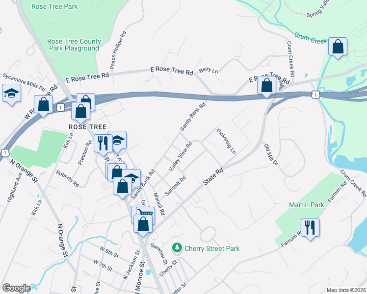 map of restaurants, bars, coffee shops, grocery stores, and more near 400 Sycamore Road in Media