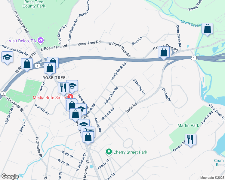 map of restaurants, bars, coffee shops, grocery stores, and more near 408 Valley View Road in Media