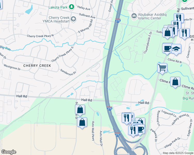 map of restaurants, bars, coffee shops, grocery stores, and more near 4907 Lion Drive in Columbus