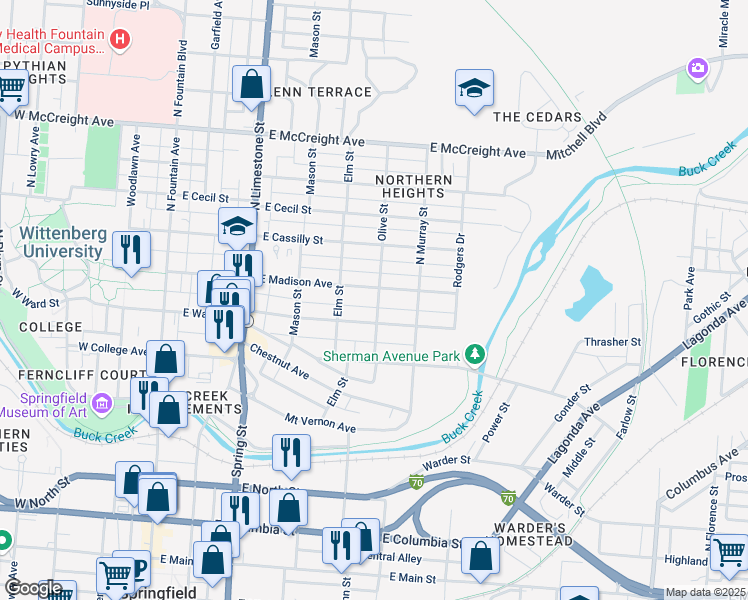 map of restaurants, bars, coffee shops, grocery stores, and more near 727 Olive Street in Springfield