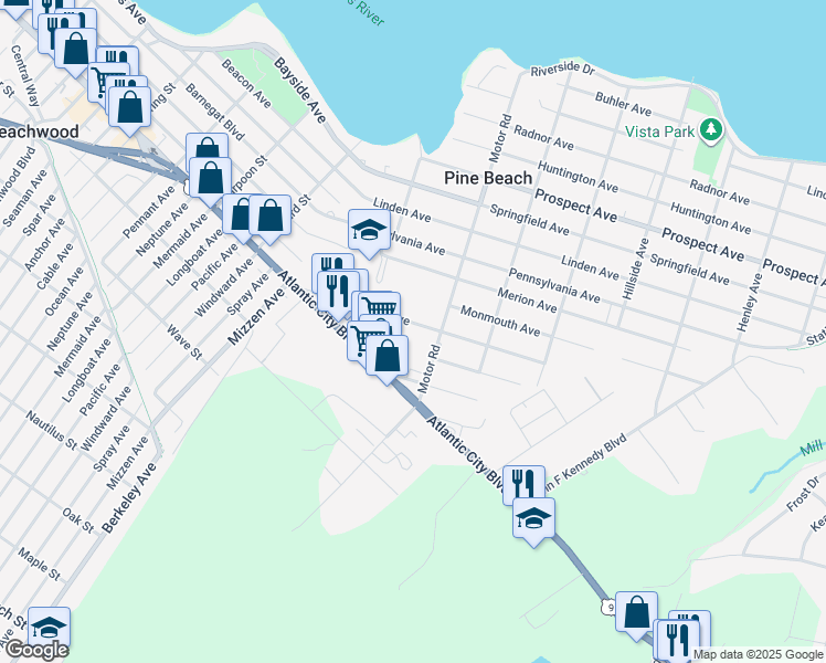 map of restaurants, bars, coffee shops, grocery stores, and more near 241 Washington Avenue in Pine Beach