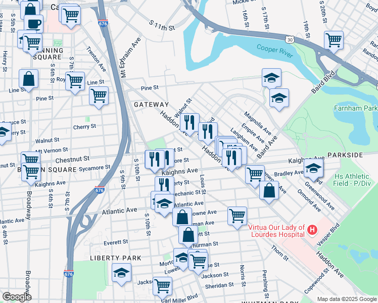 map of restaurants, bars, coffee shops, grocery stores, and more near 1230 Chestnut Street in Camden