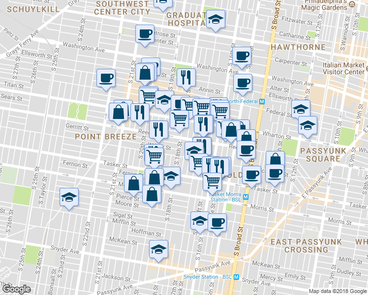 map of restaurants, bars, coffee shops, grocery stores, and more near 1424 South Bouvier Street in Philadelphia