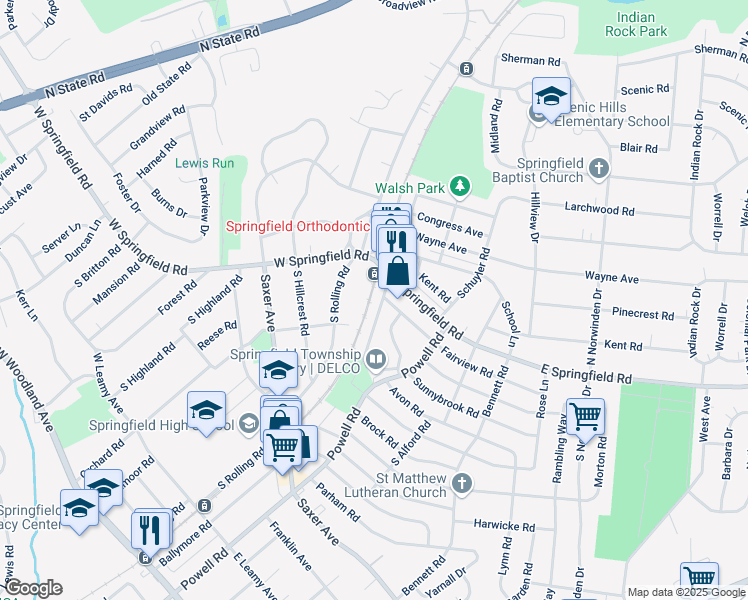 map of restaurants, bars, coffee shops, grocery stores, and more near 28 South Brookside Road in Springfield