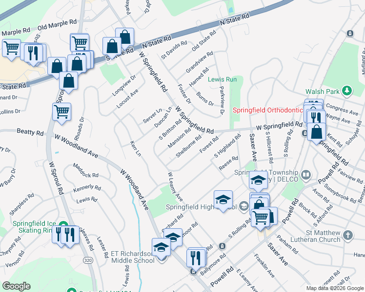 map of restaurants, bars, coffee shops, grocery stores, and more near 54 Shelburne Road in Springfield