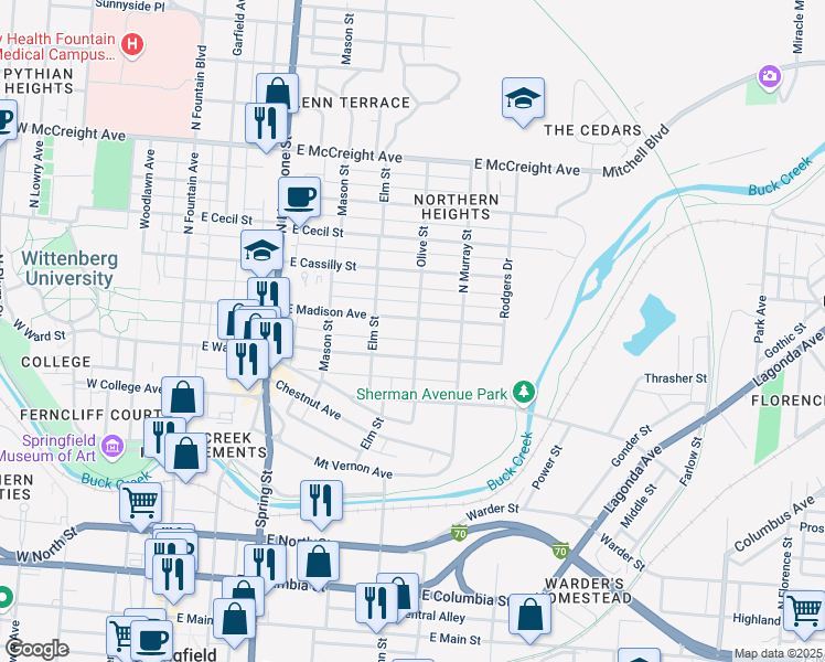 map of restaurants, bars, coffee shops, grocery stores, and more near 725 Olive Street in Springfield