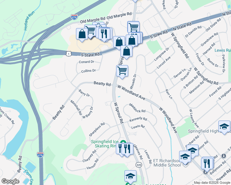 map of restaurants, bars, coffee shops, grocery stores, and more near 653 Pennsylvania 320 in Springfield