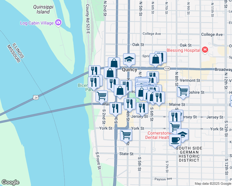 map of restaurants, bars, coffee shops, grocery stores, and more near 135 North 3rd Street in Quincy