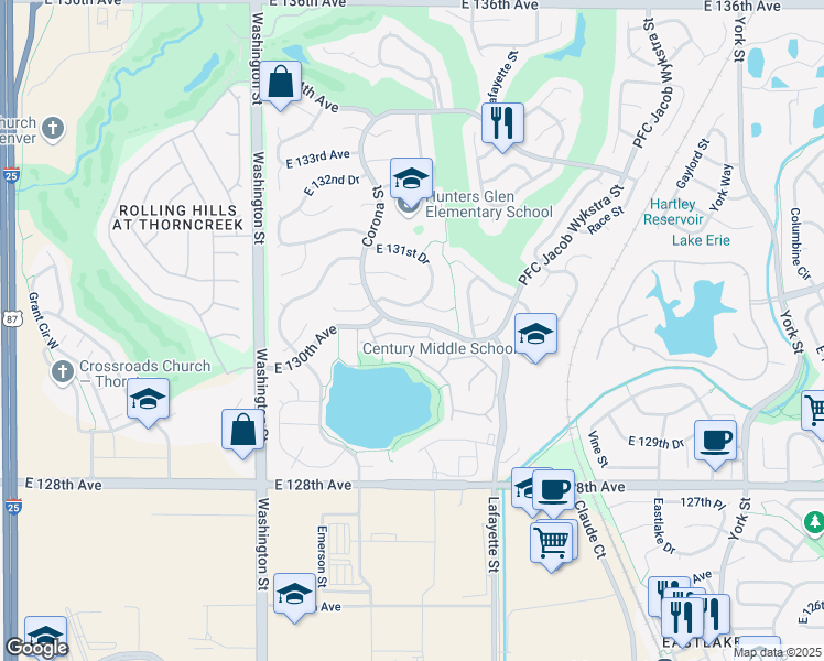 map of restaurants, bars, coffee shops, grocery stores, and more near 1146 East 130th Avenue in Thornton