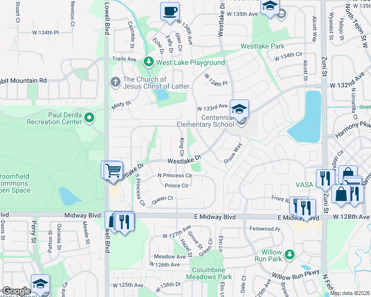 map of restaurants, bars, coffee shops, grocery stores, and more near 13023 Grove Circle in Broomfield