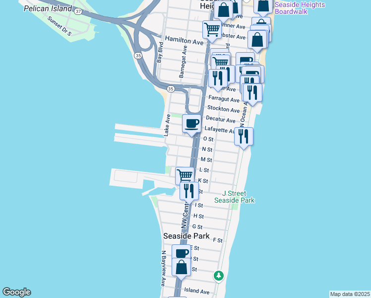 map of restaurants, bars, coffee shops, grocery stores, and more near 107 N Street in Seaside Park
