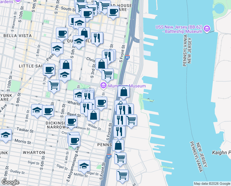map of restaurants, bars, coffee shops, grocery stores, and more near 1100R South Christopher Columbus Boulevard in Philadelphia