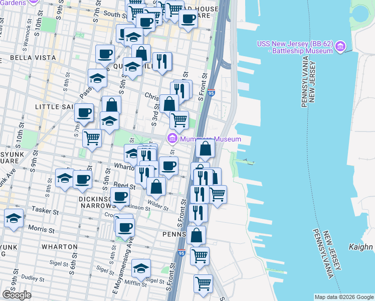 map of restaurants, bars, coffee shops, grocery stores, and more near 1100R South Christopher Columbus Boulevard in Philadelphia