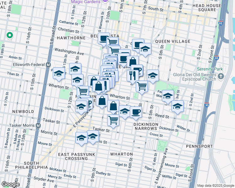 map of restaurants, bars, coffee shops, grocery stores, and more near 1241 South 8th Street in Philadelphia