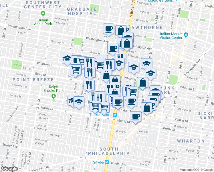 map of restaurants, bars, coffee shops, grocery stores, and more near 1403 South 15th Street in Philadelphia
