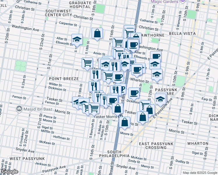 map of restaurants, bars, coffee shops, grocery stores, and more near 1403 South 15th Street in Philadelphia