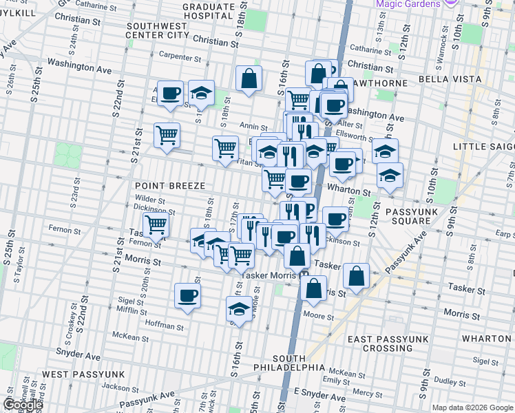 map of restaurants, bars, coffee shops, grocery stores, and more near 1401-35 South 16th Street in Philadelphia