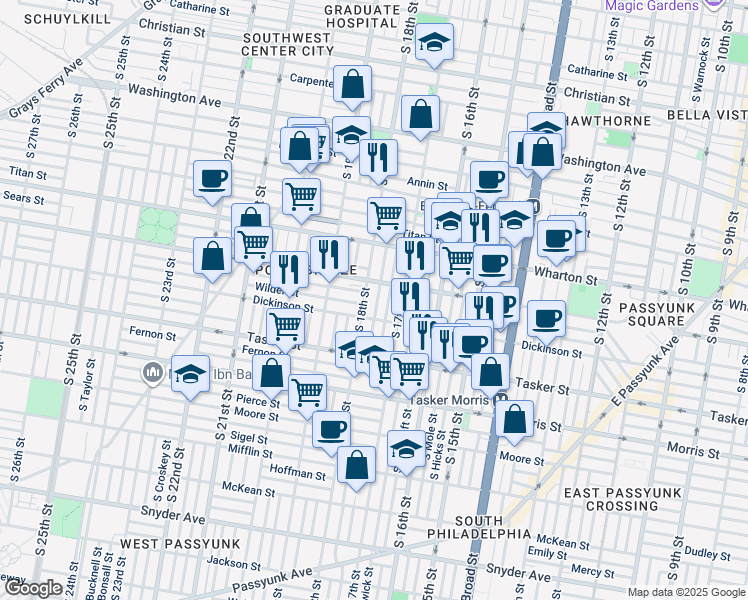 map of restaurants, bars, coffee shops, grocery stores, and more near 1424 South Bouvier Street in Philadelphia