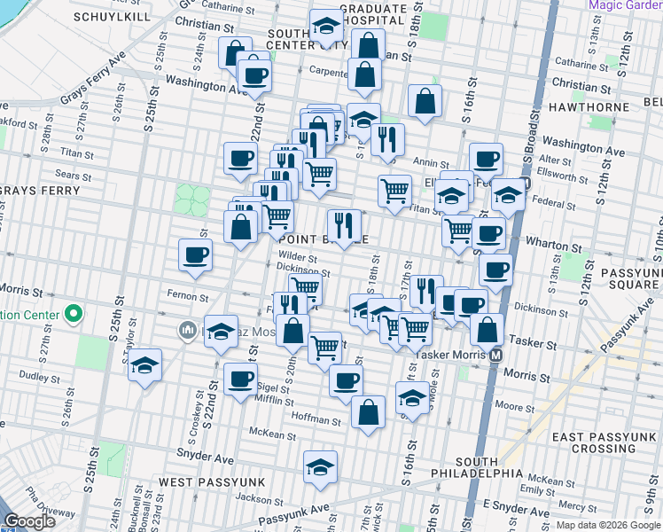 map of restaurants, bars, coffee shops, grocery stores, and more near 1929 Dickinson Street in Philadelphia