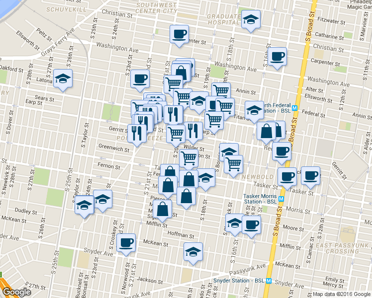 map of restaurants, bars, coffee shops, grocery stores, and more near 1929 Dickinson Street in Philadelphia