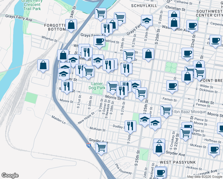 map of restaurants, bars, coffee shops, grocery stores, and more near 1622 South Newkirk Street in Philadelphia