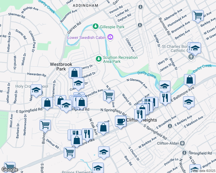 map of restaurants, bars, coffee shops, grocery stores, and more near 5 West Wyncliffe Avenue in Clifton Heights
