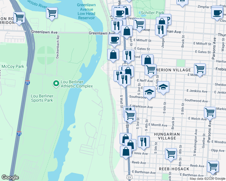 map of restaurants, bars, coffee shops, grocery stores, and more near 99 West Jenkins Avenue in Columbus