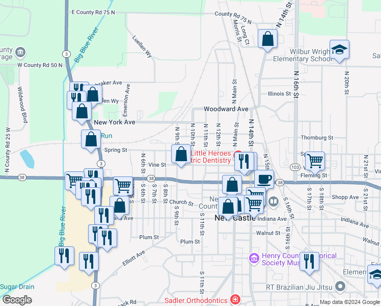 map of restaurants, bars, coffee shops, grocery stores, and more near 221 North 10th Street in New Castle
